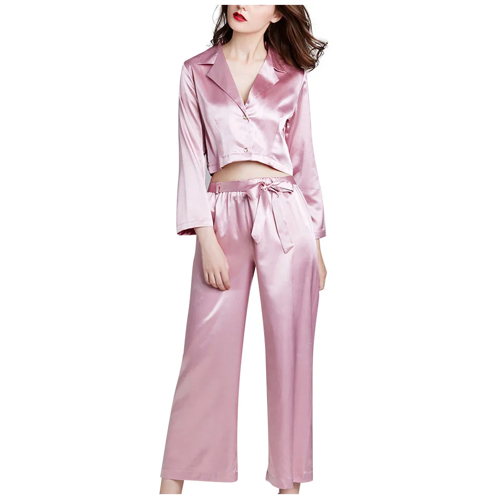 Женская атласная пижама из искусственного шелка с длинным рукавом|Комплекты