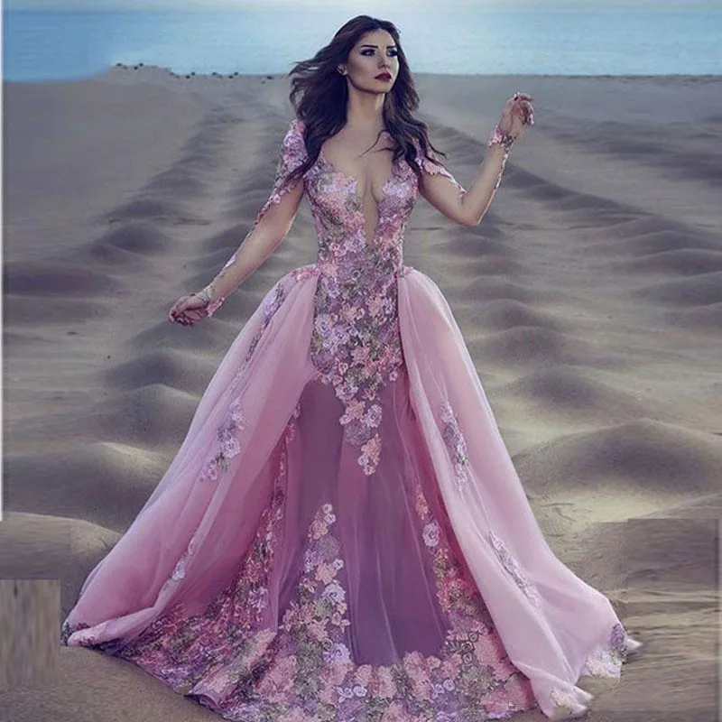 Длинное вечернее платье, сексуальное, пышное, длинное, vestido de festa Lebanon, торжественное платье с цветочным принтом, с длинными рукавами, со съемным шлейфом