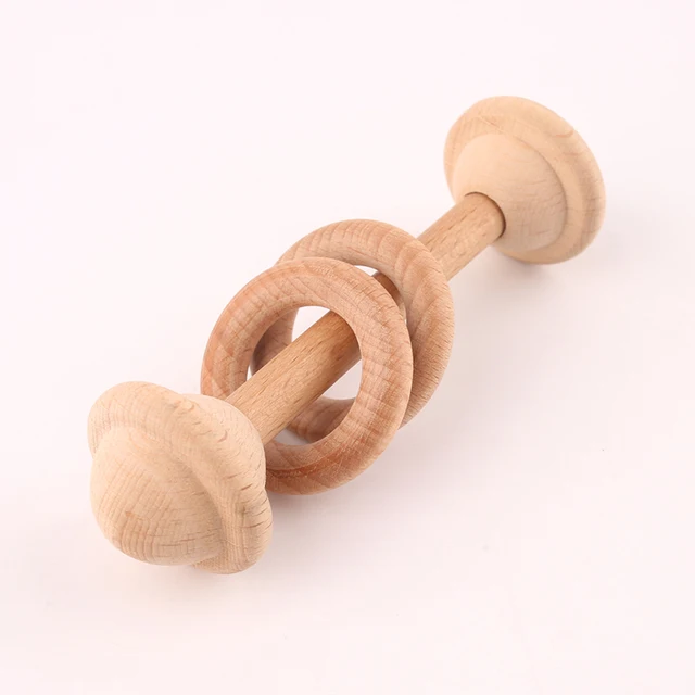 Baby Wooden Rattle Beech Bear Hand Teething Wooden Ring Baby Rattles Play Gym Montessori Stroller Toy Educational Toys for Kid set-15