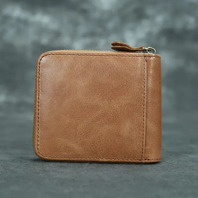 Short Organizer Wallet Man With Zipper Around Genuine Leather Male Coin Purse Crazy Horse Leather Card Holder For Boys Vintage Color 8
