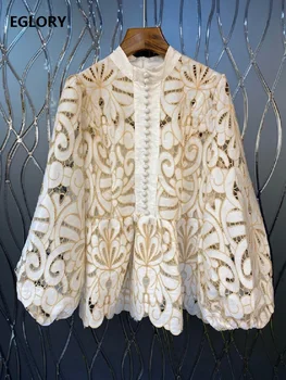 

100%Cotton Blouses 2020 Spring Fashion Sexy Tops Women Stand Neck Allover Lace Crochet Lantern Sleeve Vintage Tops Shirt Lace