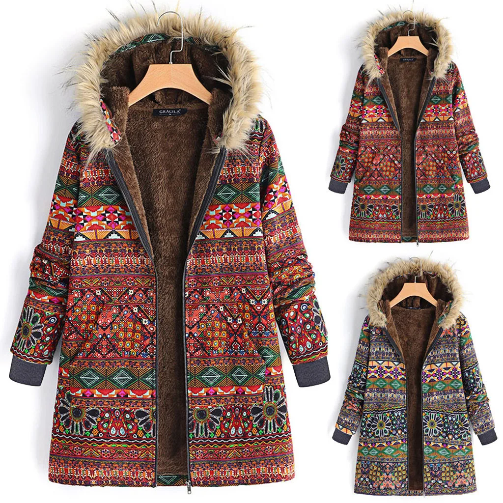 

Autumn Winter Warm Womens Winter Warm Outwear Floral Print Hooded Pockets Vintage Oversize Coats chaquetas mujer manteau femme