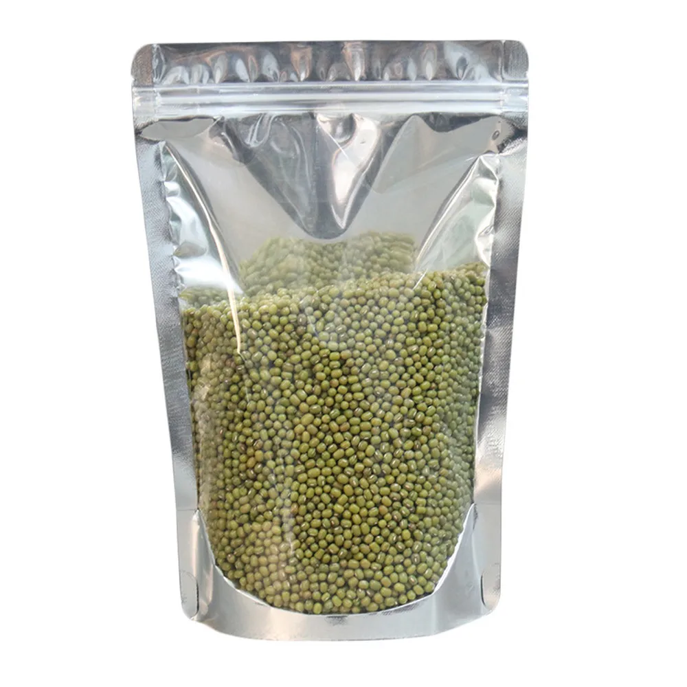 100Pcs 클리어 실버 지퍼 잠금 스탠드 가방 셀프 그립 인감 눈물 노치 Doypack 음식 건조 고기 커피 콩 초콜릿 캔디 패키지