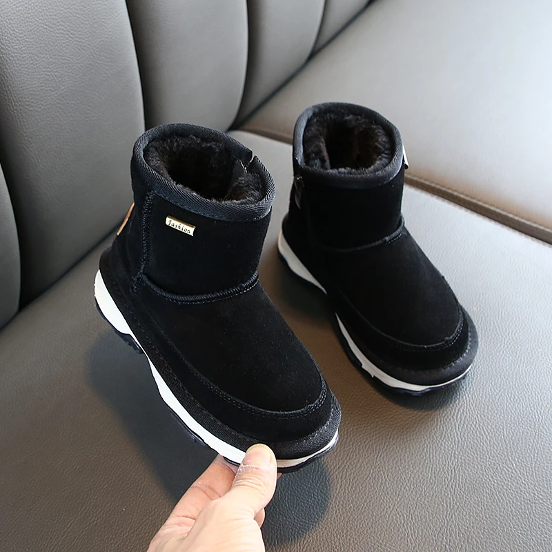 Новые зимние детские ботинки хлопковая обувь на плоской подошве для студентов зимние ботинки для мальчиков теплые сапоги из натуральной кожи для девочек от 4 до 15 лет - Цвет: Черный