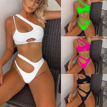 

New split-body bikini for 2020, women's solid color swimsuit, irregularly slash-shouldered sexy bikini