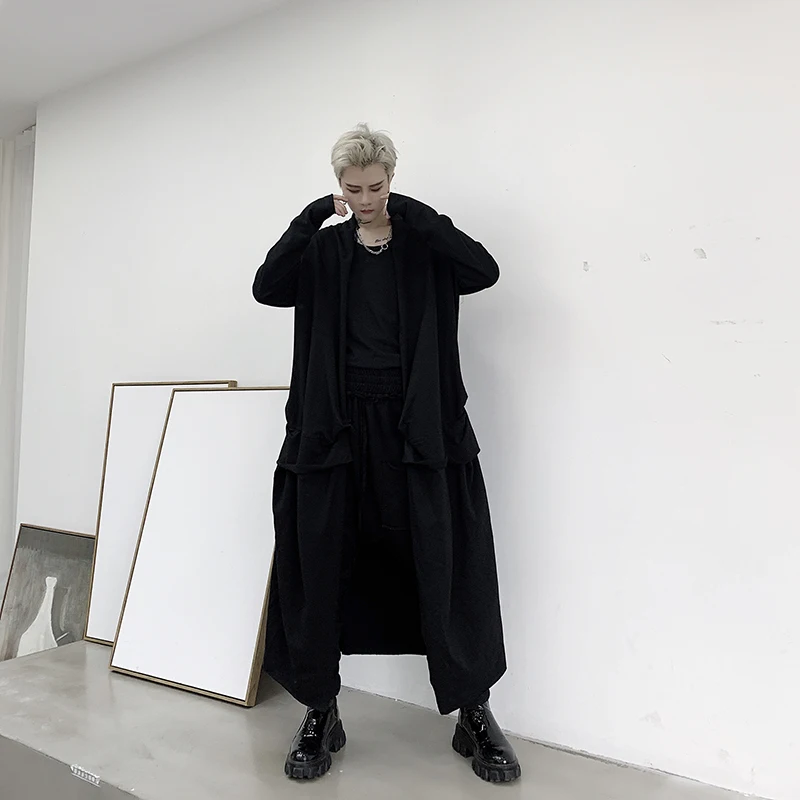 M-XL! Весенний Темный стиль, индивидуальный дизайн, мужской свободный Тренч средней длины выше колена, мужская куртка