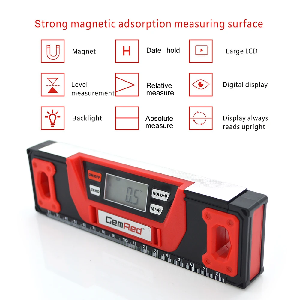 Цифровой угломер электронный уровень GemRed цифровой уровень светодиодный дисплей+ Подсветка рычаг Линейка+ Четыре функциональные кнопки