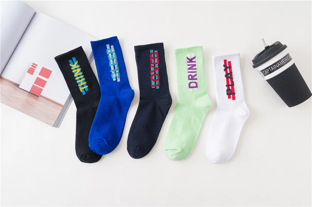 Women's Funny Words Loved Think Drink Sleep Play Lettered Striped Art Socks Couples Skateboard Hipster Street Dance Harajuku Sox