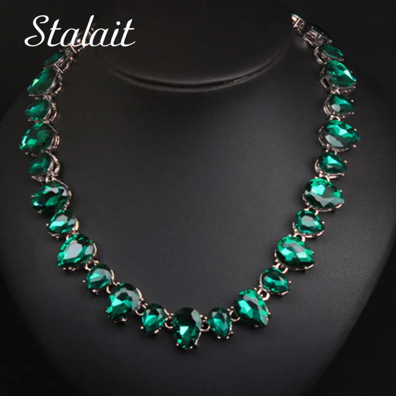 New Arrival Women Wedding Party Water Drop Green Crystal Choker Necklace Simple Silver Spring Chain Bridal Jewelry