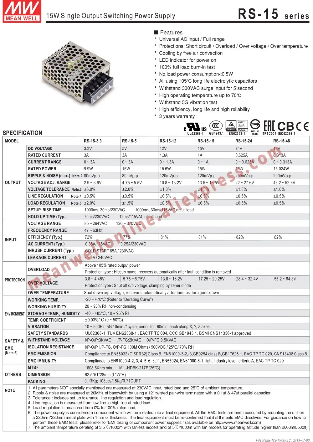 Mean Well RS-15-24 AC/DC 15 Вт/0.625A/24 В одиночный выход импульсный источник питания meanwell Интернет-магазин