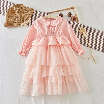 

WLG girls dresses kids autumn pink peter pan collar long sleeve mesh dress baby cute party clothes