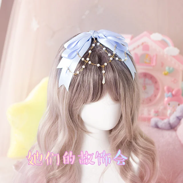 

Handmade DIY bow hair accessories headdress ribbons pearl tassel hairpin headband lolita