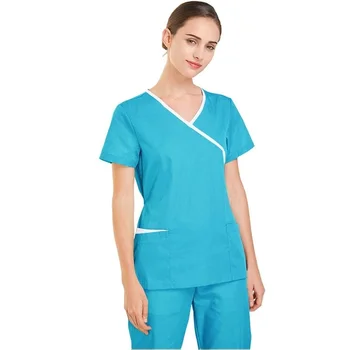 

Women Fashion Scrubs Tops V-Neck Short Sleeves Shirt with Two Large Pockets Beauty and Health Workwear SPA Nursing Uniform