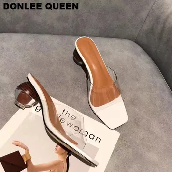 

Brand Slide Slippers Women Slip On Beach Vacation Flip Flops Clear Transparent Med Heel Slippers Fashion Round Ball Heel Sandals
