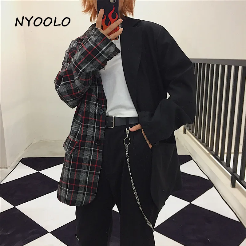 NYOOLO осенне-зимний винтажный клетчатый блейзер верхняя одежда с печворк Однобортный блейзер с длинными рукавами женская/мужская одежда рабочая одежда