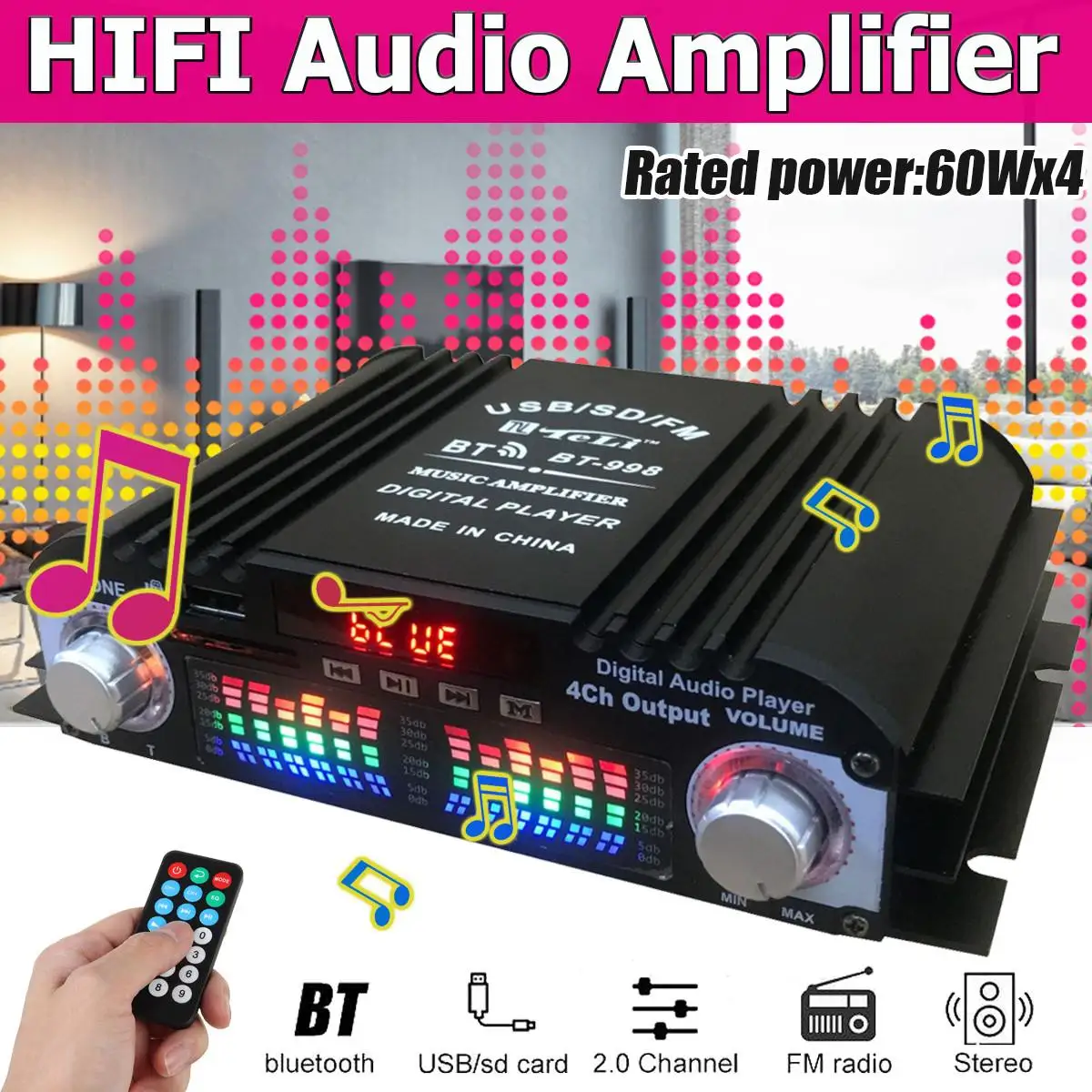 BT-998 Hifi аудио домашние Цифровые усилители автомобильное бас мощность Bluetooth
