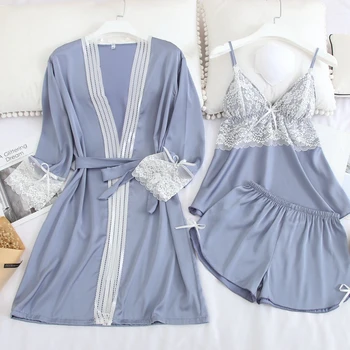 

Smmoloa 3 Piece Silk Robe Women Silk Pajamas Set satin pajama sets