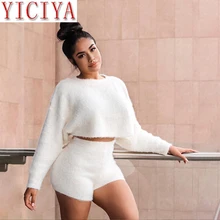 

autumn flannel two pieces set solid women streetwear sweatshirts crop top+ shorts outfit fashion tracksuit velvet clothing2020