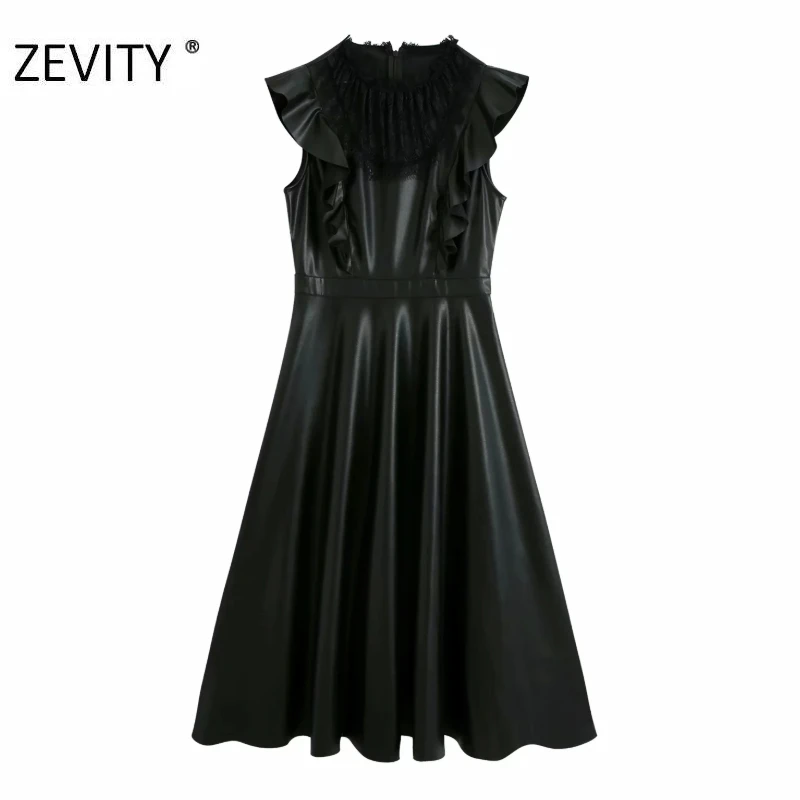 ZEVITY New women lace patchwork casual PU leather A line dress female sleeveless ruffles vestido chic back zipper dresses DS4437 ZEVITY New women lace patchwork casual PU leather A line dress female sleeveless ruffles vestido chic back zipper dresses DS4437