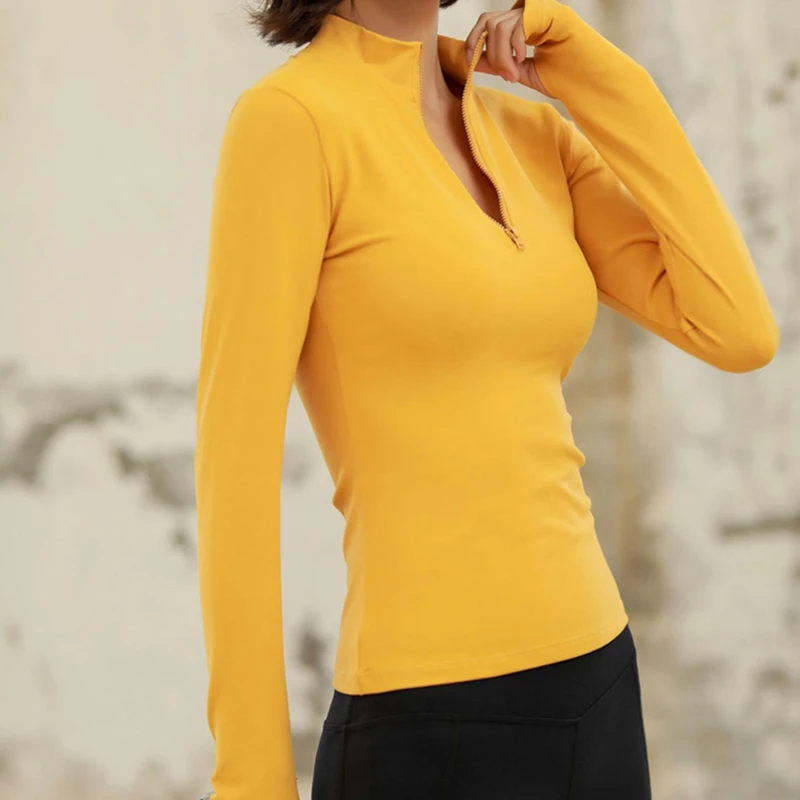 yellow Zhangyunuo, одежда для спортзала, спортивная одежда с длинным рукавом, для фитнеса, сексуальная, с круглым вырезом, на молнии, женские топы для йоги, тренировки, бега, тренировок, сухая посадка - Цвет: yellow