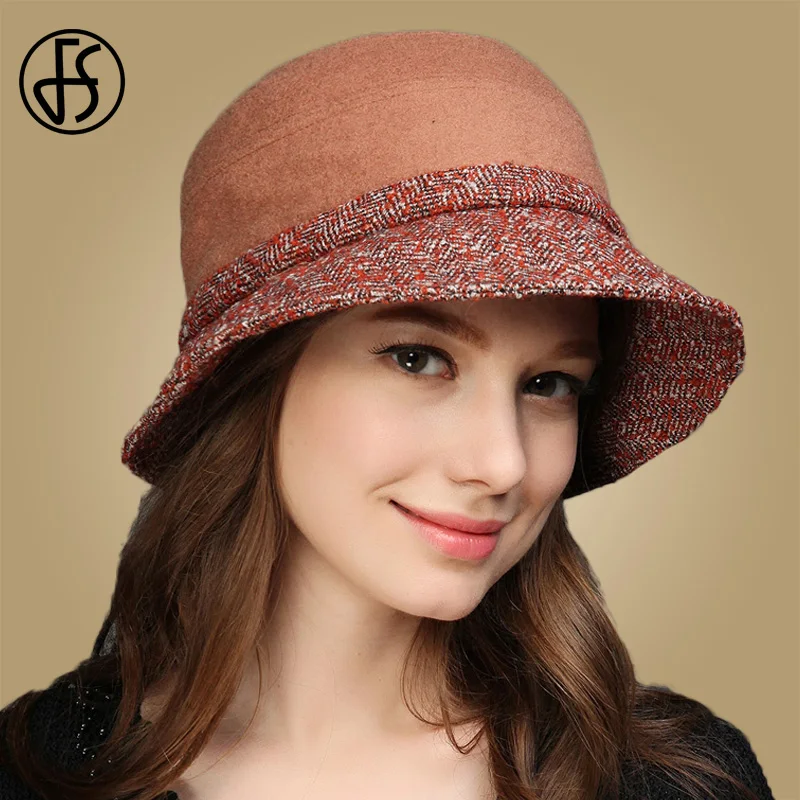 Camel FS Элегантная Женская Зимняя шерстяная Фетровая Шляпа Fedora, винтажная Панама, s Camel, синяя, Красная шапка - Цвет: Camel