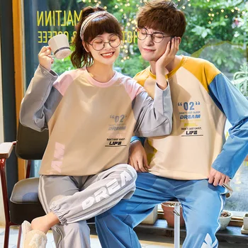 

Couple 's Pajamas Autumn Cotton Long-Sleeved Leisure Tops Korean -Style Women 's Cute Two Piece Suit Men Spring and Autumn