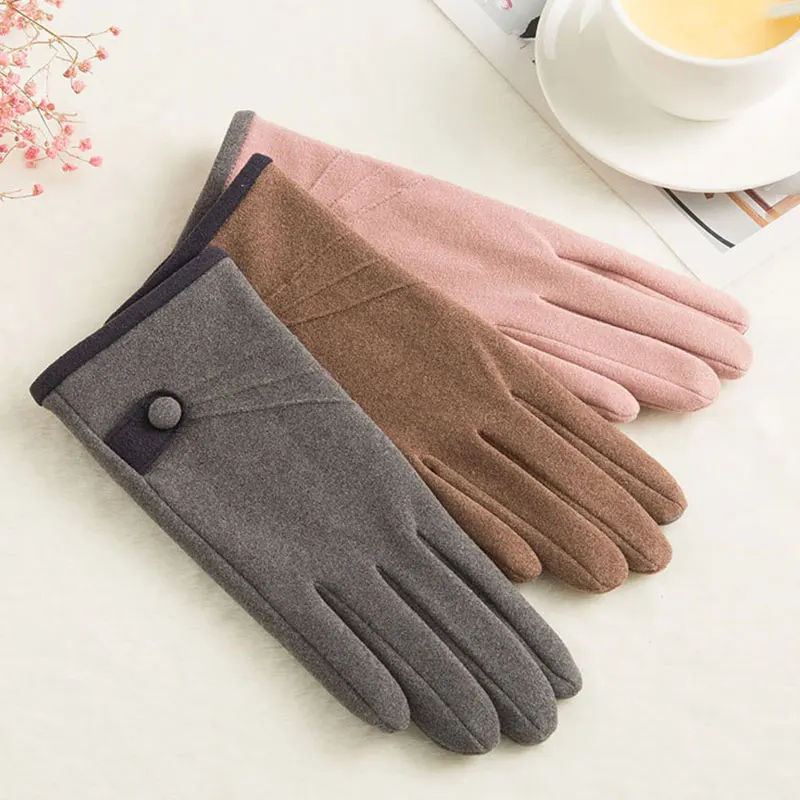 

Solid Color Suede Leather Driving Gloves Wrist Warm Outdoor Cycling Mittens Touch Screen Full Finger Gloves Plush Inside Warm
