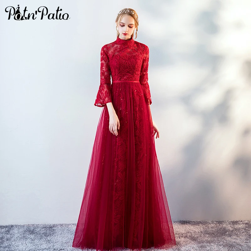 

Modest Neck Burgundy Evening Dresses Long A-line Floor-lenght Backless Sequined Lace Women Evening Gowns With Ruffle Sleeves