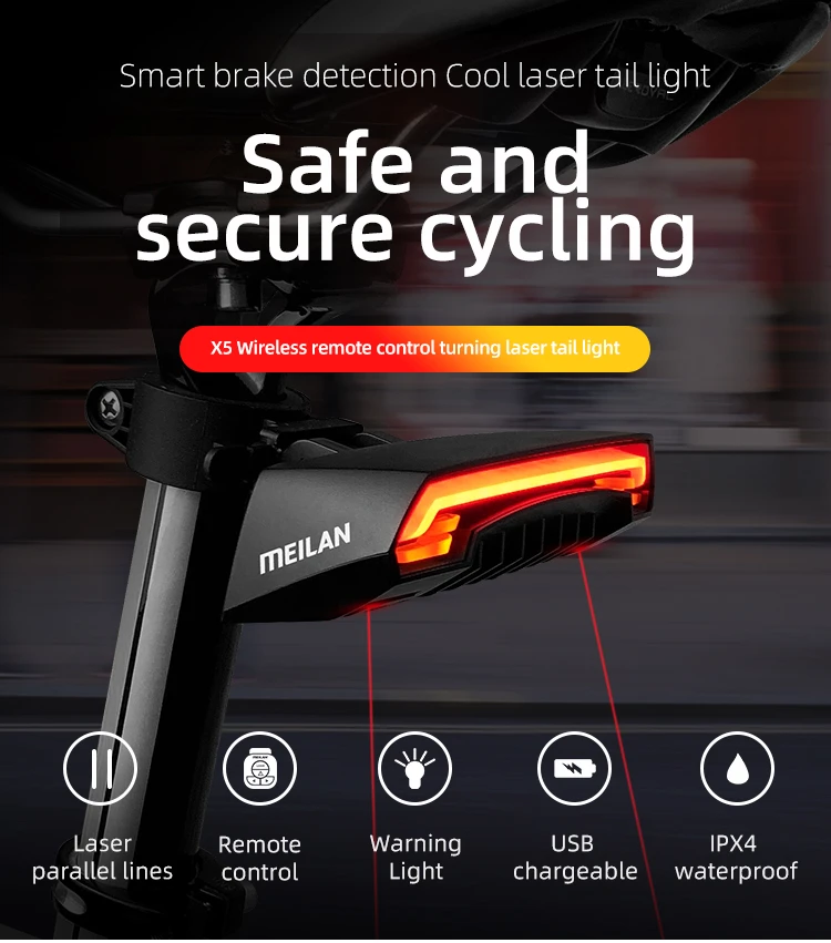 Meilan X5 Wireless Bike Bicycle Rear Light Laser Tail Lamp Smart Usb