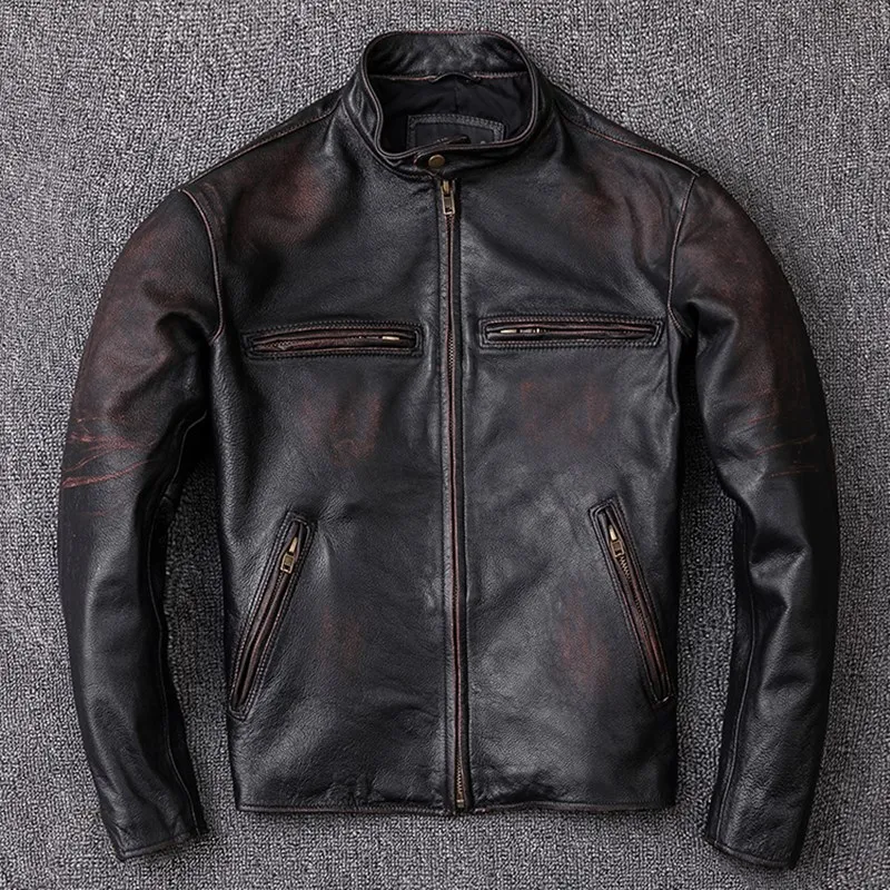 

2020 Vintage Black Men Biker's Jacket Plus Size 6XL Genuine Cowhide Russian Spring Slim Fit Motorcycle Leather Coat