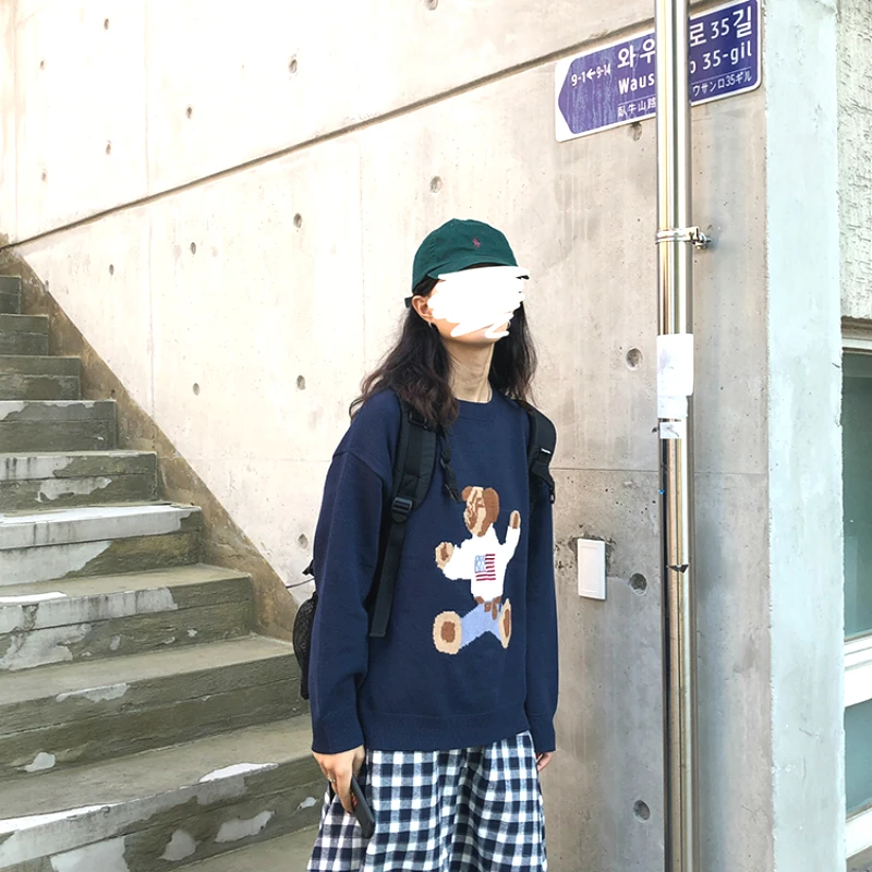 Harajuku Модный осенне-зимний женский вязаный свитер милый флаг медведь мультфильм Вышивка пуловер свитер с длинным рукавом свитер