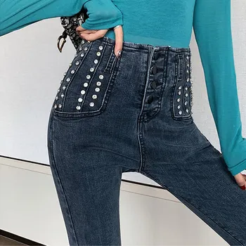 

Heavy Rivet Women Pencil Jeans Pants High Waist Denim Spring Buttons Pockets Trousers For Female 2020 Spring Skinny Ladies Pants