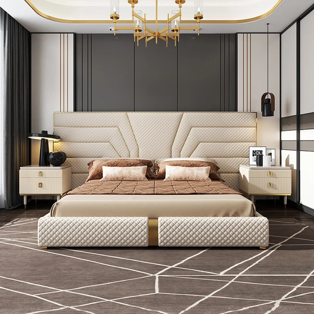 Cama de lujo moderna europea, mueble de dormitorio de cuero genuino,  dorado, tamaño king _ - AliExpress Mobile