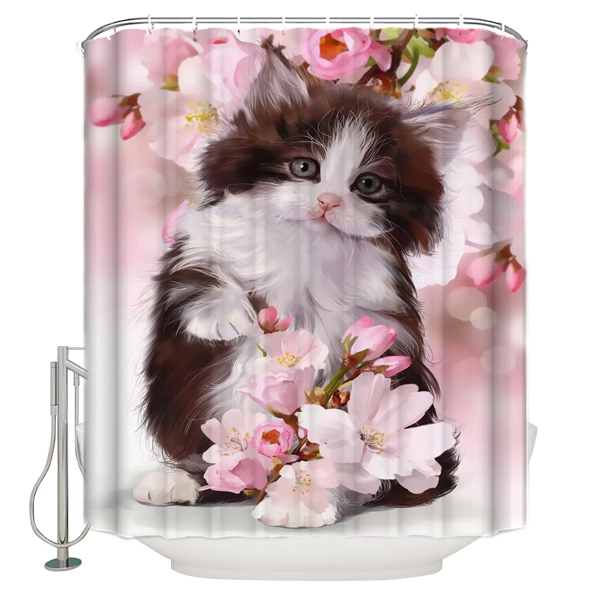 Cute Cat Kawaii Pet Pink Shower Curtain Waterproof Polyester Fabric Bathroom Decor Printed with