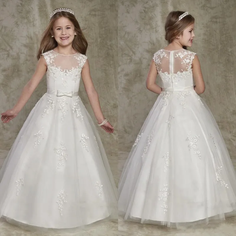 Изготовленные На Заказ Платья с цветочным узором для девочек на свадьбу, платье принцессы с аппликацией и кружевным бантом, винтажное платье для первого причастия