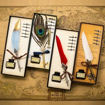 

Feather Dip Pen Fountain Pen Vintage Set Ink Pen Metal Nib Birthday Gift Box 5 Nibs