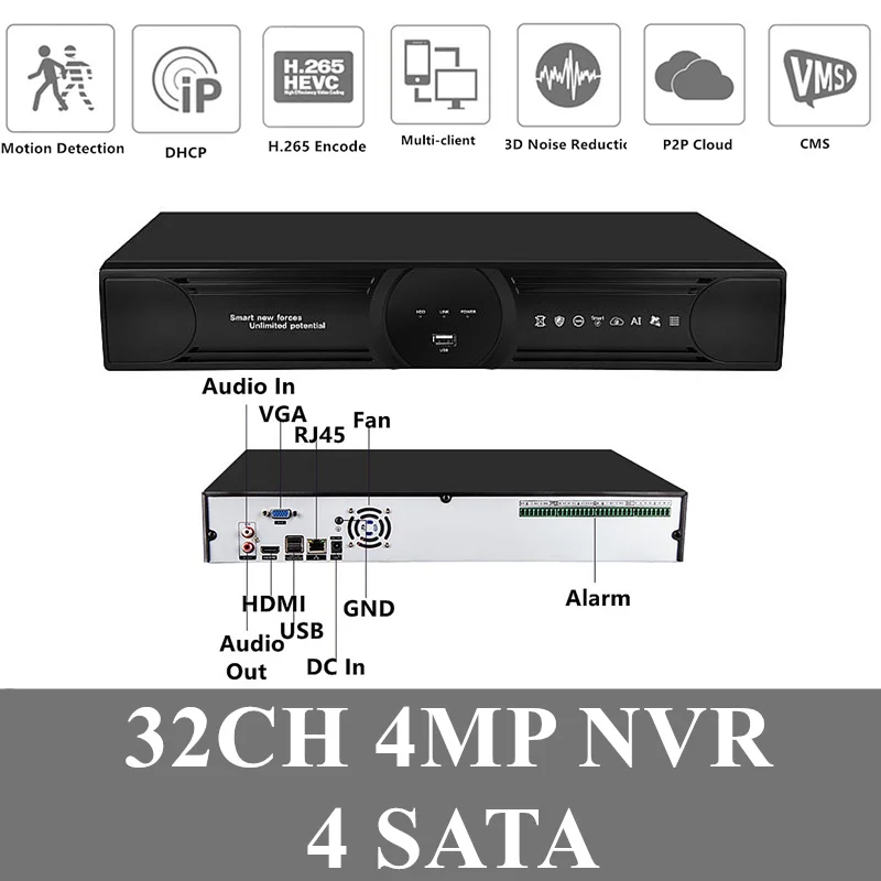 Сетевой цифровой видеорегистратор 32*5 Мп 4 SATA H.265 NVR DVR Max 8 ТБ IP камера Onvif CMS
