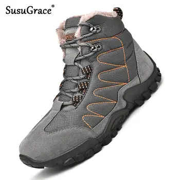 

SusuGrace Men Snow Boots Winter Warm Lining High-top Man Sneaker Breathable Non-Slip Lace-up Canvas Ankle Botas Big Size 38-46