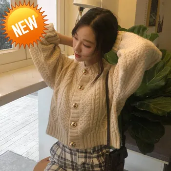 

Vintage Korea Elegant New Design Autumn Twist Sweet Chic Women Short Sweaters All Match Brief Loose Cardigans Coats