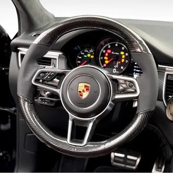 

5D Carbon Fiber& Black Leather Steering Wheel Black Stitching on Wrap Cover Fit For Porsche Macan Cayenne 2015-2016