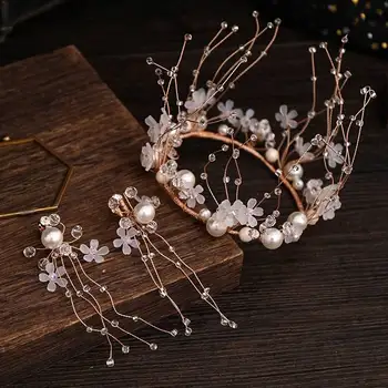 

Rose Gold Jewelry Set Crystal Crown Hand-woven Princess's Birthday Crown With Long Tassel Earrings Flower Pearl Jewelry Ornament