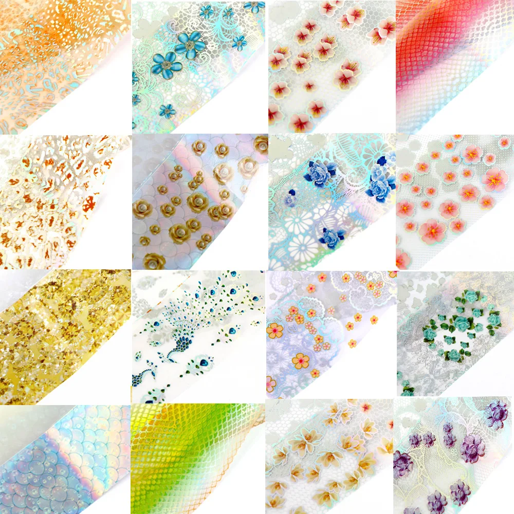 

12-16pcs Set Holographic Nail Foil Sticker Peacock Flower Laser Nail Art Transfer Foil Sticker Slider Starry Decoration Decal