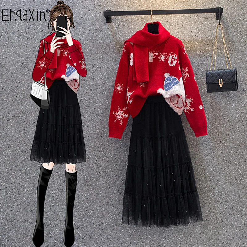 

EHQAXIN Winter Women's Knitted Dresses Set Festive Christmas Red Sweater With Beaded Net Yarn Skirt Suit Sent A Scarf L-4XL