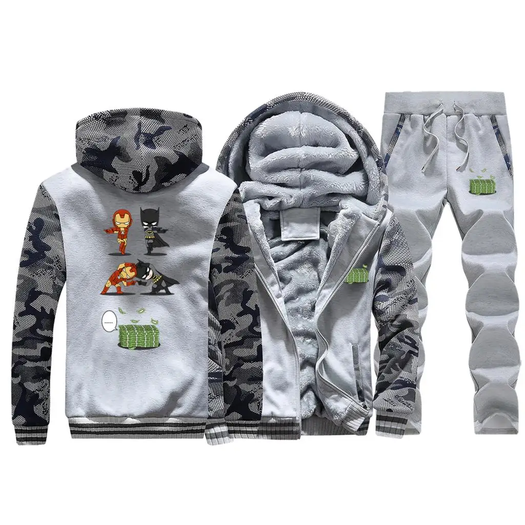 Light Gray Забавные Billionaires Железный человек Бэтмен Fusion камуфляж толстовки брюки наборы для мужчин флис супер свитшот с героем хип хоп уличная спортивная одежда - Цвет: Light Gray