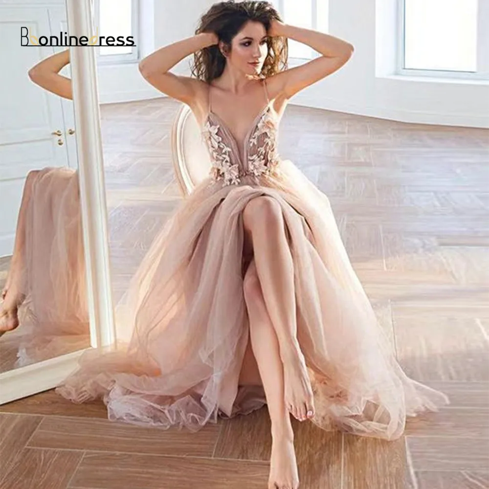 

Bbonlinedress Tulle Prom Dresses 2020 A-Line Spaghetti Strap Evening Dress Appliques Formal Gown vestidos do baile de finalistas