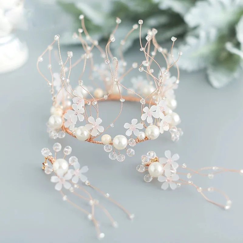 

Bride tiara Pearl Crystal Flower Crown Korean Wedding Hair Accessories Princess Round Crown Jewelry