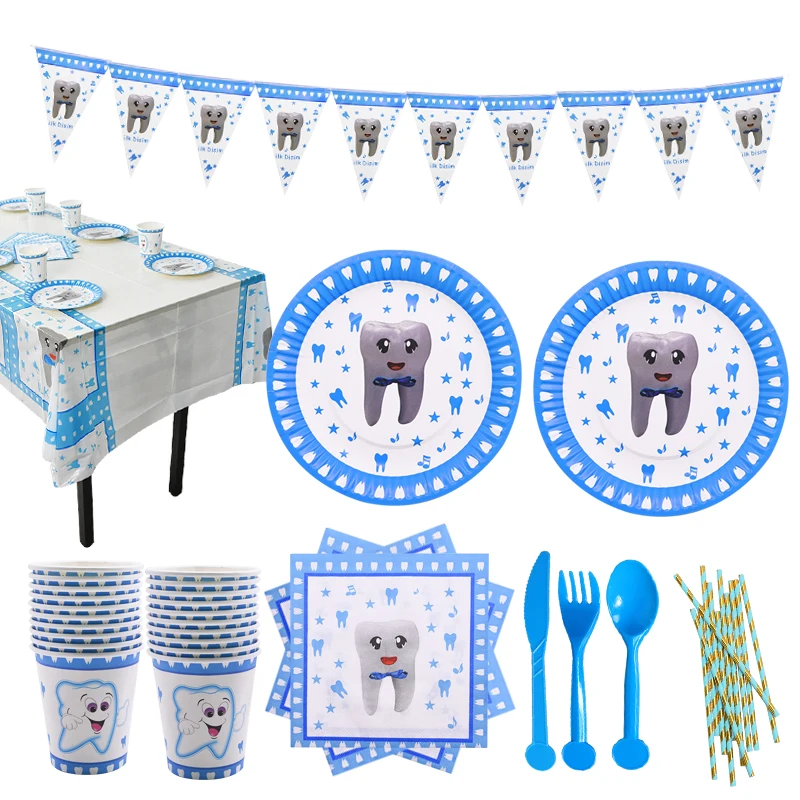 1set My First Tooth Theme Party Supplies Cute Tooth Disposable Tableware Paper Plate Cups Baby Shower Kids Birthday Foil Balloon
