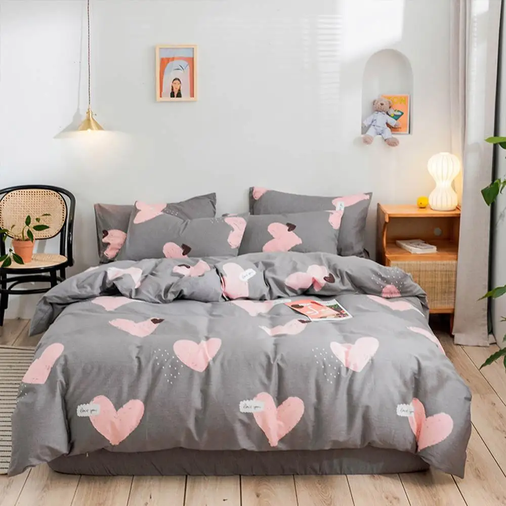 

2019 INS Pink Hearts Grey Bed Cover Duvet Cover Set Cotton Bedding Set Bedlinens Twin Queen King Flat Sheet Fitted Sheet