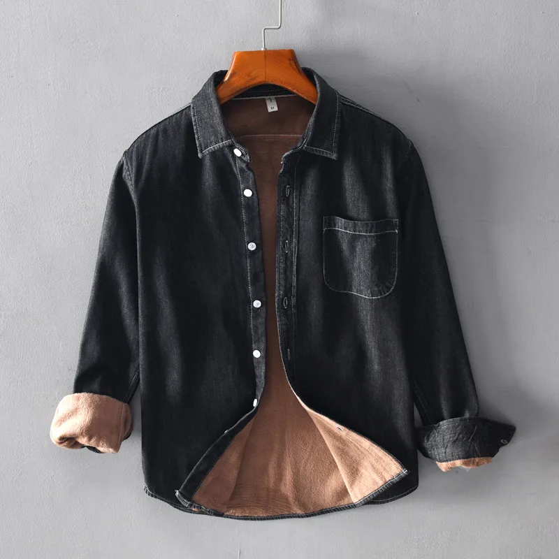 Зимняя Теплая Флисовая Плотная джинсовая рубашка, Модная хлопковая рубашка с длинным рукавом, Мужская брендовая рубашка - Цвет: Черный