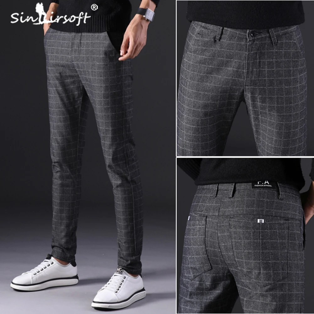 

2019 New Trend Plaid Smart Business Casual Full Length Pants Mens Office Wear Straight Pants Male Slim Fit Autumn Trousers 28-40